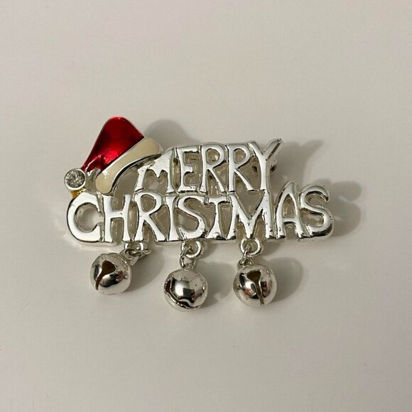 Vintage Merry Christmas Brooch Jingle Bells Pin - Picture 1 of 15
